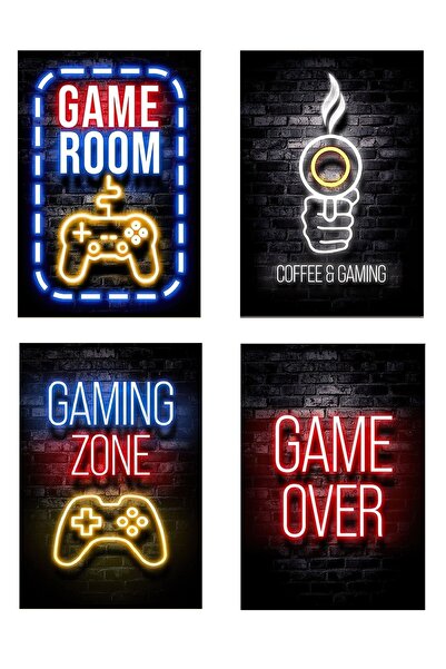Minik Dükkan Ahsap Poster 4Lü Set Gaming Zone, Game Over, Coffee & Gaming, Ga...