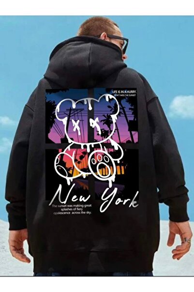 MANCY سويت شيرت بقلنسوة بطبعة تيدي بير نيويورك كبير الحجم مكون من 3 خيوط