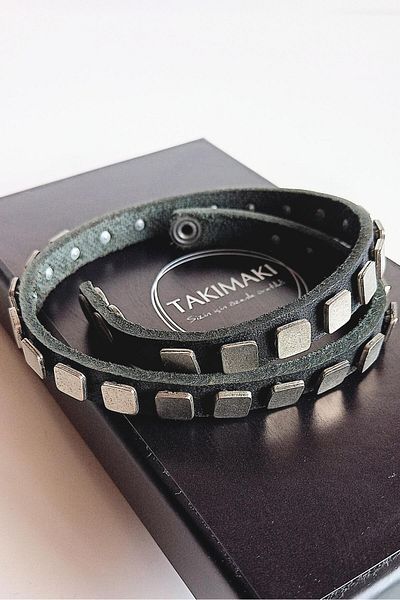 TAKIMAKI Studded Original Leather Men's Bracelet Pit String Sarp Bracelet