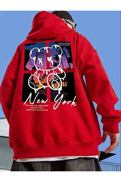 MANCY سويت شيرت بقلنسوة كبير الحجم بطبعة تيدي بير نيويورك 3 خيوط