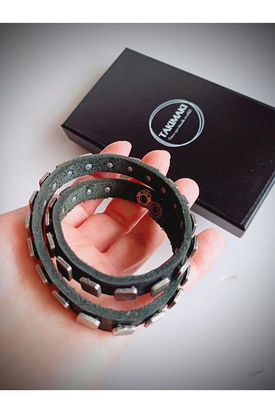 TAKIMAKI Studded Original Leather Men's Bracelet Pit String Sarp Bracelet