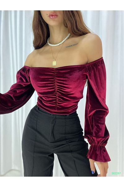 Varyete Boat Neck Off Shoulder Gathered Crop Velvet Fabric Blouse
