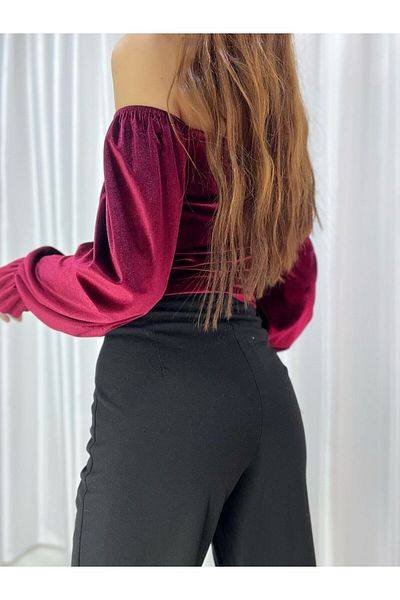 Varyete Boat Neck Off Shoulder Gathered Crop Velvet Fabric Blouse