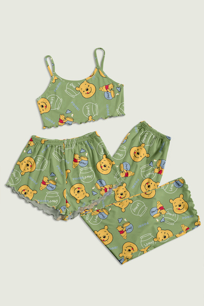 PEMBİŞ HOMEWEAR Hunny Prox Trend 3'lü Askılı Şort Pantolon Pooh Baskılı Pijam...