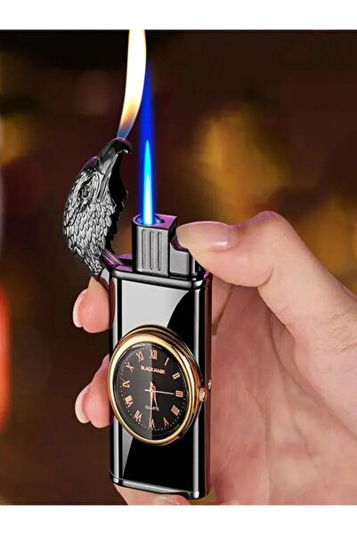 HK GİFT SHOP Kartallı Çift Alev Saatli Çakmak Rüzgarda Sönmez Turbo Gazlı Çakmak