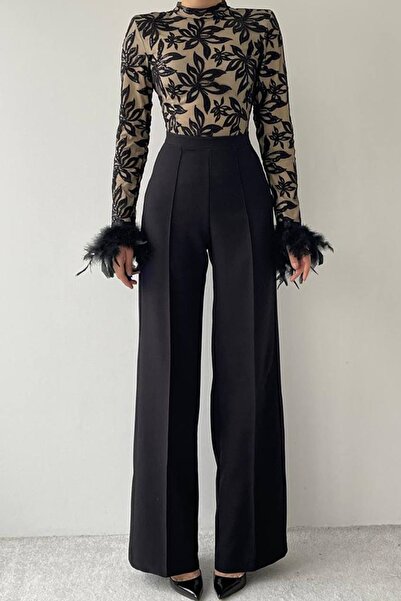 vuvutasarım Flitrové detailní vyšívané flitry s dlouhým rukávem a širokými nohami černé večerní šaty 180