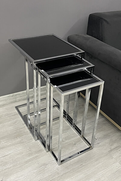 SEVİNÇ KONSEPT 3'lü Krom Rengi Tekerlekli C Sehpa, SİYAH CAM, 6 mm Kalın Caml...