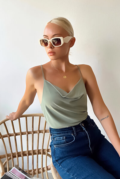 LACHT Kadın Degaje Yaka İp Askılı Çağla Yeşili Bluz