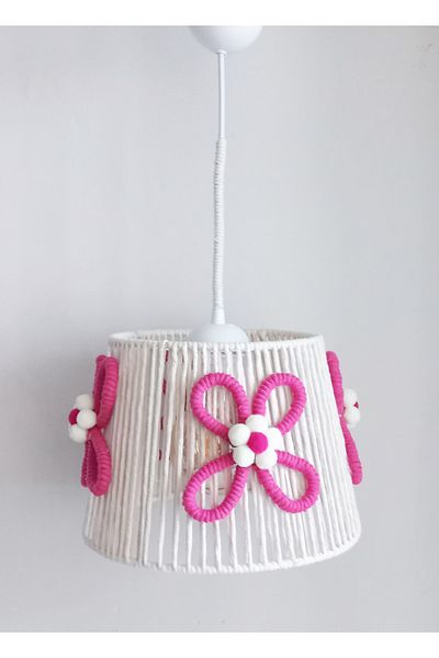 C&A&B KUZEY AVİZE ECRU MACROME ROPE WRAPPED FUCHIA FLOWER POMPOM DESIGN BABY GIRL CHILDREN- YOUTH ROOM PENDANT LIGHT CHANDELIER