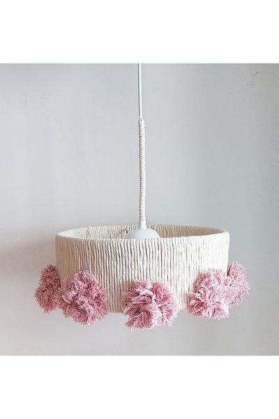 C&A&B KUZEY AVİZE ECRU THIN CYLINDER MACROME ROPE WRAP PINK LARGE POMPOM BABY - الأطفال - غرفة الشباب قلادة ضوء الثريا