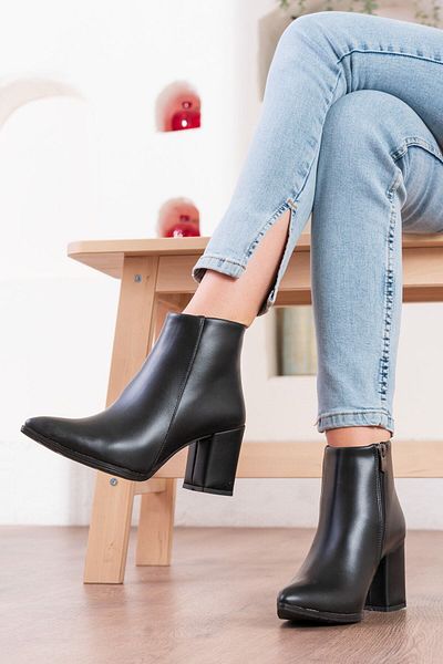 Şenpa Black Skin Γυναικείες μπότες-μποτάκια με τακούνι Flat μυτερή