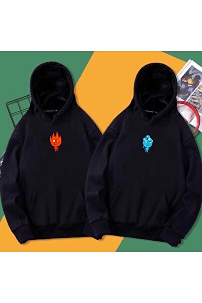 Tarzsokak Двукомпонентна черна качулка с принт „Огън и вода“ за двойка