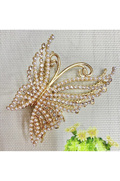SHEKER HOME مشبك معدني كبير على شكل فراشة مرصع باللؤلؤ والحجر - ذهبي