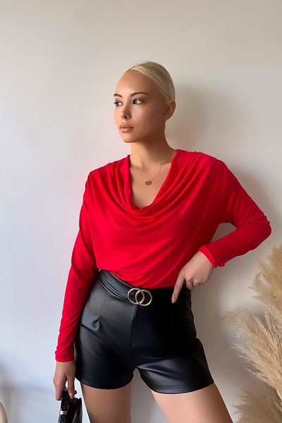 LACHT Women's Long Sleeve Degaje Collar Red Sandy Blouse