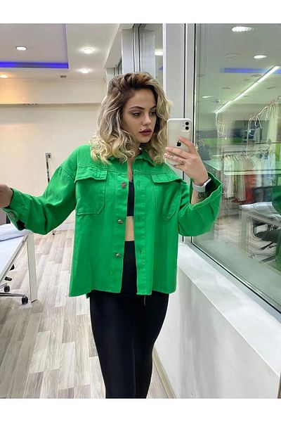 Esinty Jachetă de cămașă de buzunar cu mânecă lungă, verde, supradimensionată, cu corp confortabil