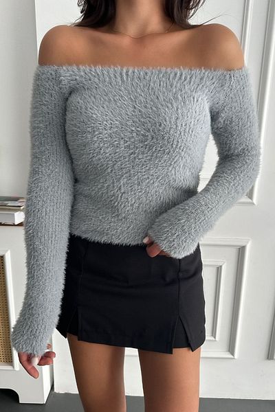 lovebox Puff Look Knitwear Fabric Long Sleeve Strapless Collar Gray Sweater 2882