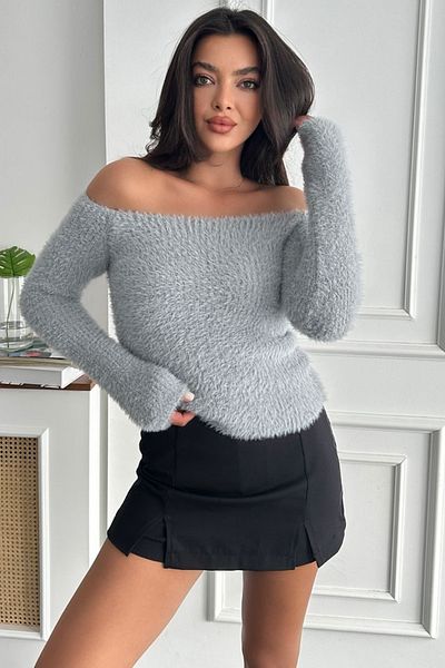 lovebox Puff Look Knitwear Fabric Long Sleeve Strapless Collar Gray Sweater 2882