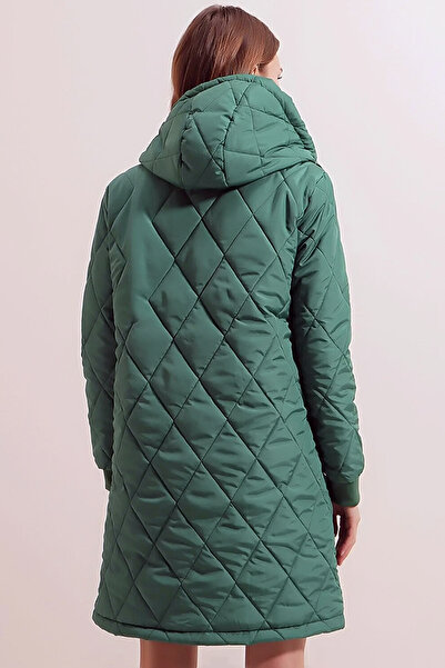 MissKybele Baklava Dikiş Kapüşonlu Uzun Kollu Fermuar Kapamalı tarz Diz Boyu Midi Kapitone Sıcak Şişme Mont