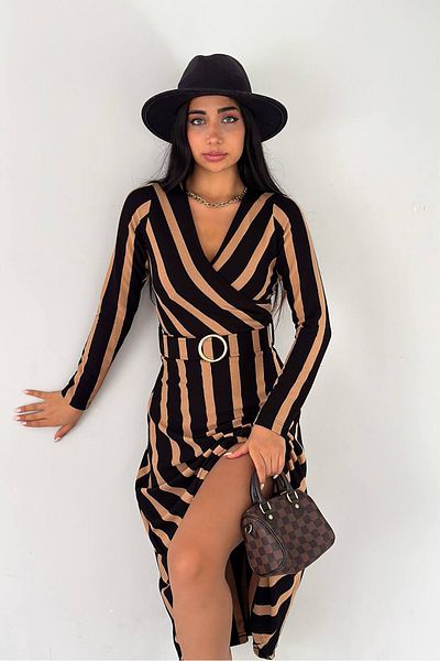 Neşeli Butik γυναικείο φόρεμα με ρίγες midi με ζώνη KKLF48