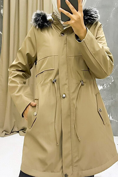 MissKybele Kapüşonu Kürklü İçi Yünlü Beli Kordon Büzgülü Çift Kapaklı Cepli T...