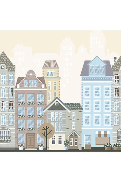 Adawall ADAKIDS 8903 İlüstrasyon Evler Şehir ve Bulut Desenli Duvar Kağıdı 10,6m2