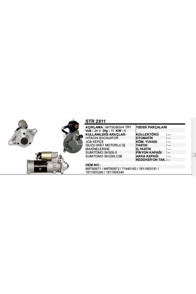 Dodo STARTER MOTOR EXCAVATOR-JCB KEPCE-6HK1 MITSUBISHI TIP - Compatible DD-STR2811