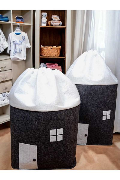 CimriKese Felt Home Patterned 2-Piece Laundry and Toy Basket with Bags