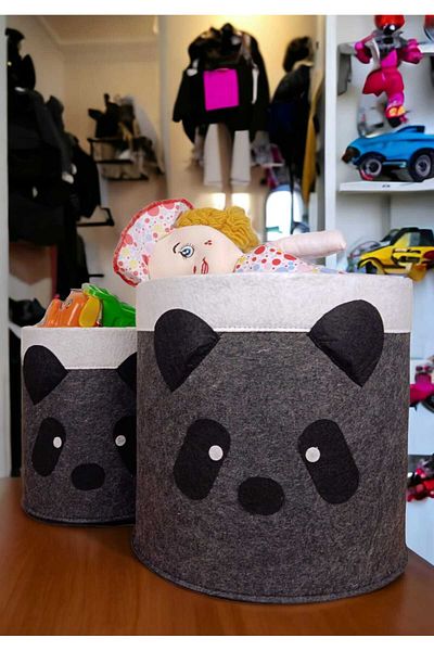 CimriKese 2-Piece Black Panda Felt Children's Toy and Laundry Basket