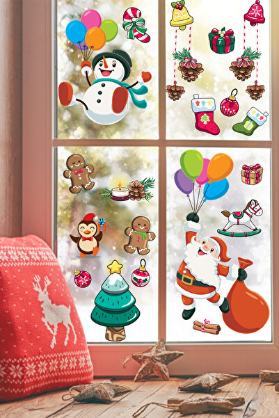 Echo Home ملصق حائط على شكل نافذة سانتا كلوز ورجل الثلج يطير بالبالونات