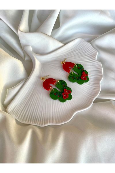 TREND Miyamila Collection Red Flower Themed Green Earrings