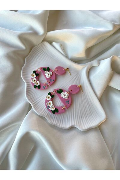 TREND Miyamila Collection White Floral Pink Polymer Dangle Earrings