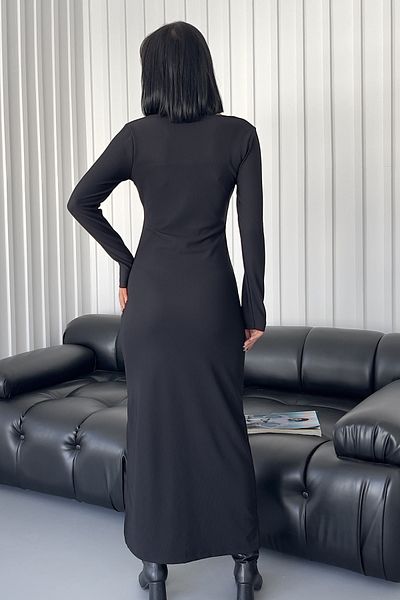 vuvutasarım Černá flexibilní tkanina se čtvercovým výstřihem a dlouhým rukávem Basic Dress 21114