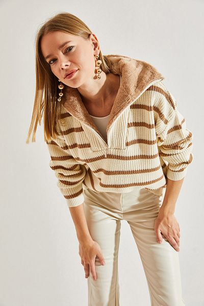 Bianco Lucci Gestreifter Damen-Strickpullover mit Pelzkragen und Reißverschluss