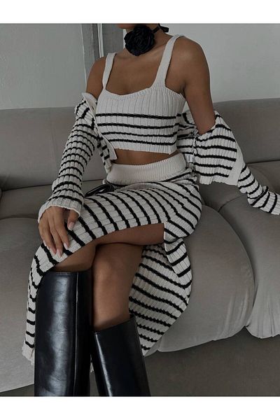 Pulli Collection Set de 3 piese cu dungi nou sezon| Set fustă, bustieră, cardigan