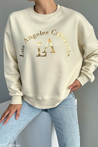 Liora سويت شيرت نسائي مقاس كبير مطبوع عليه لوس أنجلوس كاليفورنيا باللون الكريمي