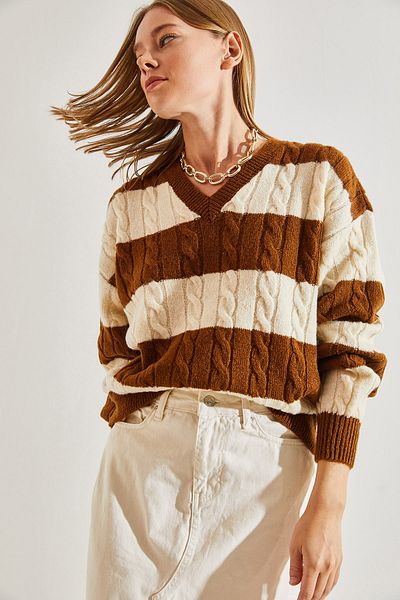 Bianco Lucci Geflochtener Strickpullover für Damen mit V-Ausschnitt