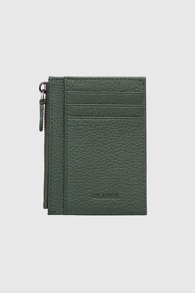 Grande 853 Genuine Leather Coin Compartment Zippered Vertical Card Holder Flother Green