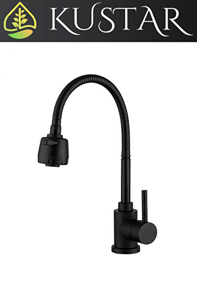 KUSTAR 2 FONKSİYONLU SPİRALLİ 360 DERECE DÖNER BORULU TAM SİYAH ASUR BANYO LAVABO BATARYASI