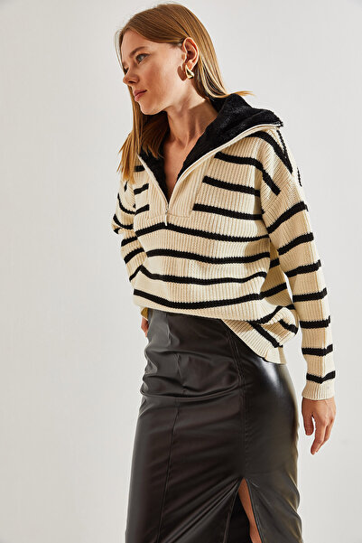 Bianco Lucci Gestreifter Damen-Strickpullover mit Pelzkragen und Reißverschluss