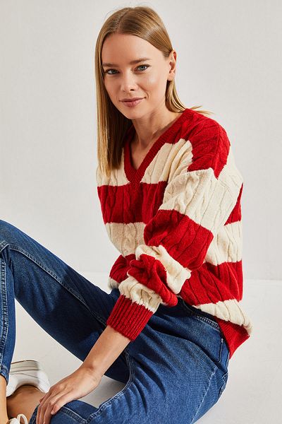 Bianco Lucci Geflochtener Strickpullover für Damen mit V-Ausschnitt