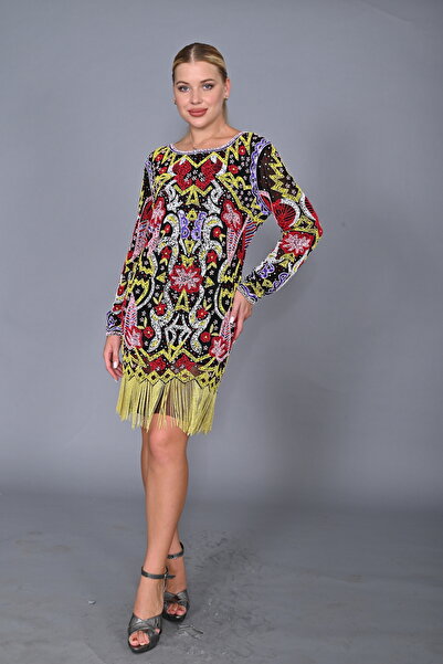 GATSBYLADY LONDON EL İŞLEMELİ , TAŞ PÜSKÜLLÜ ELBİSE