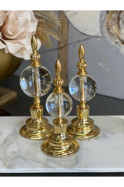 ArzzHome 3'lü Dekoratif Alem Düz Kristal Top Küre & Obje Gold