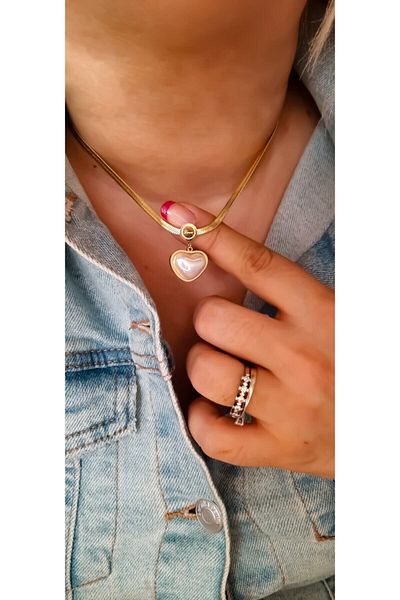 Accessories Gusto.up Steel Flat Italian Chain Pearlescent Heart Necklace
