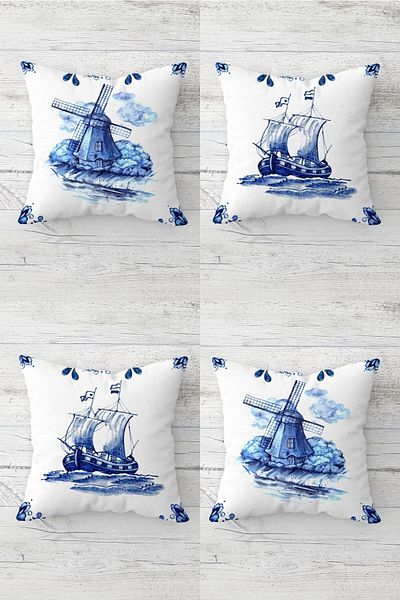on the clouds Sailing Ship and Mill Sea Concealed Zippered Throw Pillow Cover Seat Pillow Cover Set (4 PCS)