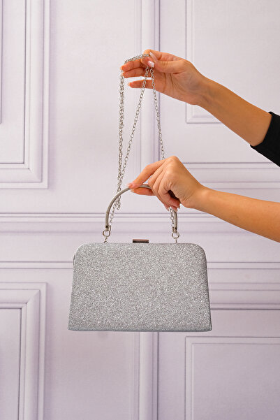 ROZA CANTA Geantă portofoliu pentru rochie de seară pentru femei, cu curea de lanț argintie care nu se împrăște