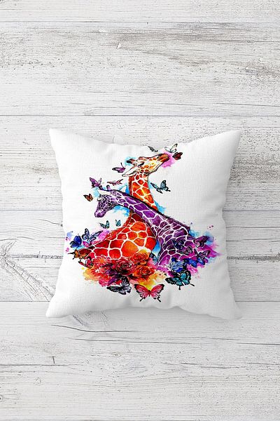 on the clouds Ethnic Fractal Patterned and Hidden Zippered Hugging Giraffe Throw Pillow Cover Sofa Pillow Set - 4PCS