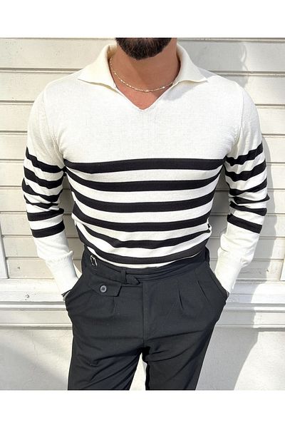 COOL TARZ White Men's Striped Polo Neck Knitwear Sweater
