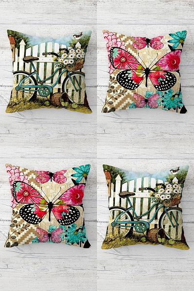 on the clouds Colorful Butterfly and Bicycle Patterned Hidden Zippered Throw Pillow Cover Seat Pillow Cover Set(4PCS)