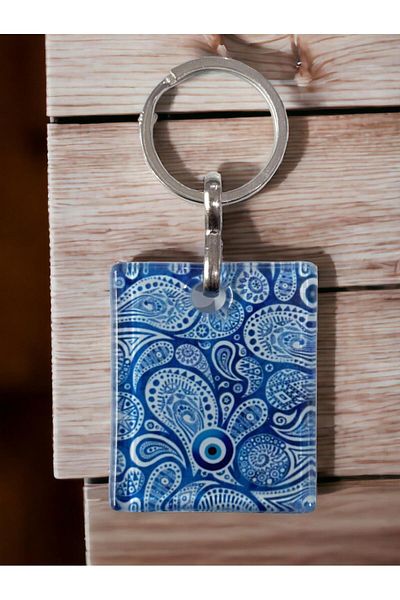 Mixperi Blue and White Keychain in Blue Colored Fusion Glass Material Gift Box