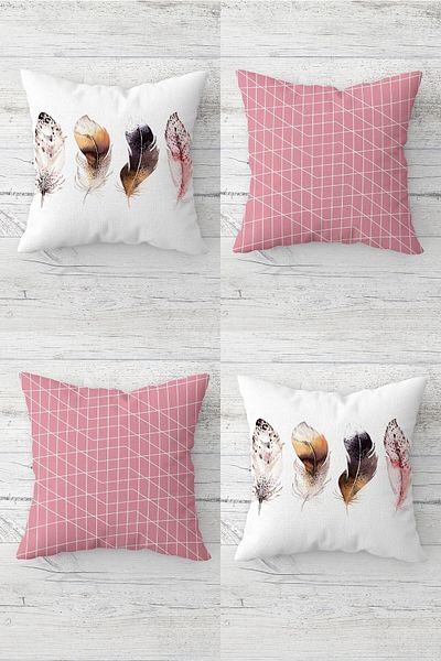 on the clouds Feather and Geometric Lines Hidden Zippered Throw Pillow Cover Seat Pillow Cover Set (4 PCS)